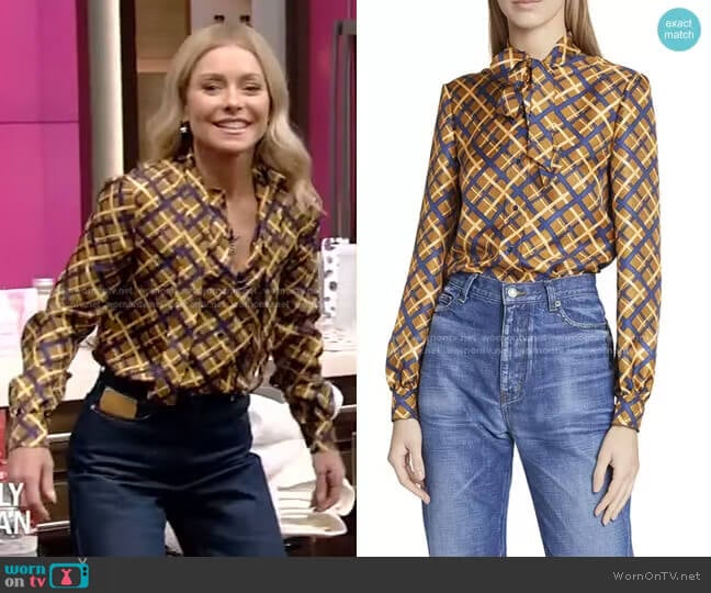 Saint Laurent Retro Diamond-Printed Silk Blouse worn by Kelly Ripa on Live with Kelly and Mark