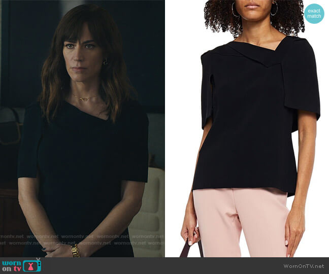 Roland Mouret Lynn cape-effect crepe top worn by Wendy Rhoades (Maggie Siff) on Billions