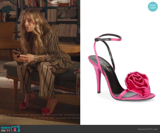 Saint Laurent Ivy Floral-Appliqué Silk Sandals worn by Carrie Bradshaw (Sarah Jessica Parker) on And Just Like That