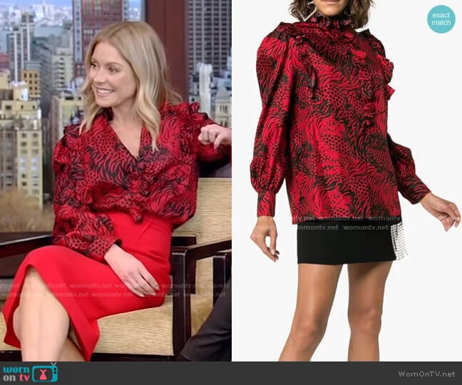 Gucci Silk Tiger Print Tie Neck Blouse worn by Kelly Ripa on Live with Kelly and Mark