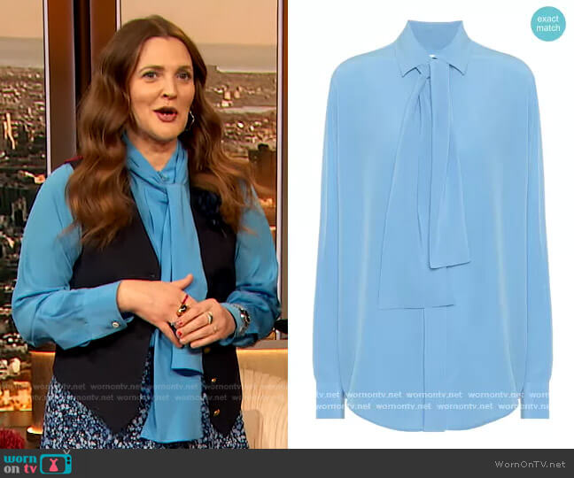 Victoria Beckham Silk-crepe tie-neck blouse worn by Drew Barrymore on The Drew Barrymore Show