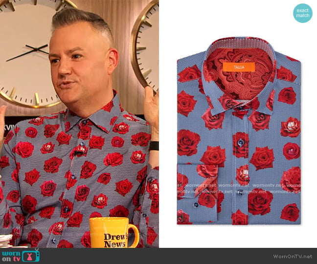 Tallia Dress Shirts Red Stretch Rose Floral Check Blue worn by Ross Mathews on The Drew Barrymore Show