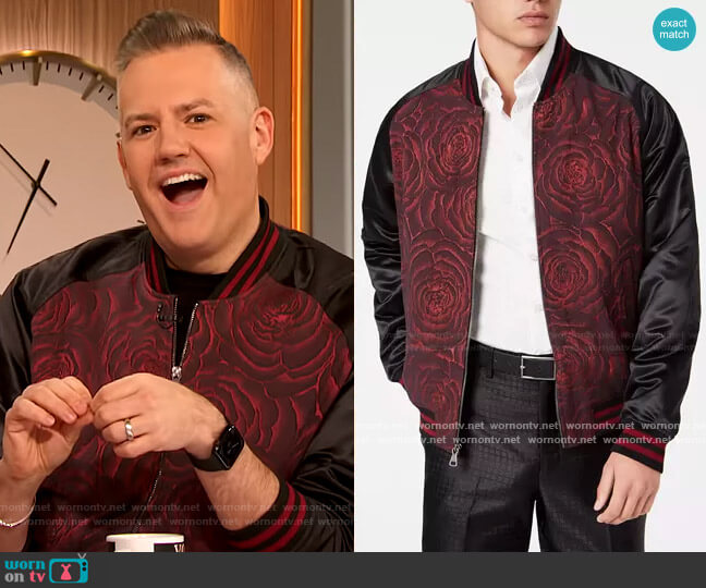 Tallia Slim-Fit Rose Bomber Jacket worn by Ross Mathews on The Drew Barrymore Show