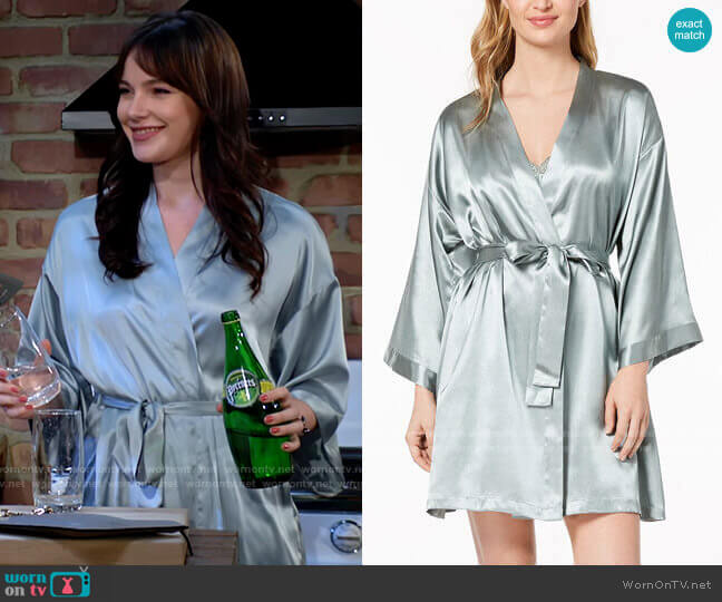 Thalia Sodi Satin Kimono Wrap in Green Dust worn by Tessa Porter (Cait Fairbanks) on The Young and the Restless