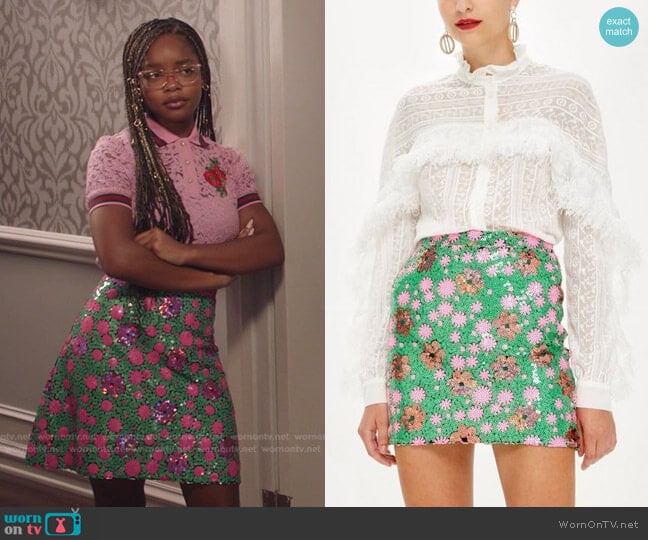 Topshop Floral Sequin Mini Skirt worn by Diane Johnson (Marsai Martin) on Black-ish