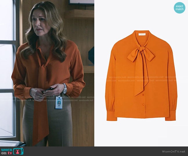Tory Burch Tie Neck Silk Blouse in Amber Rust worn by Kit Voss (Jane Leeves) on The Resident