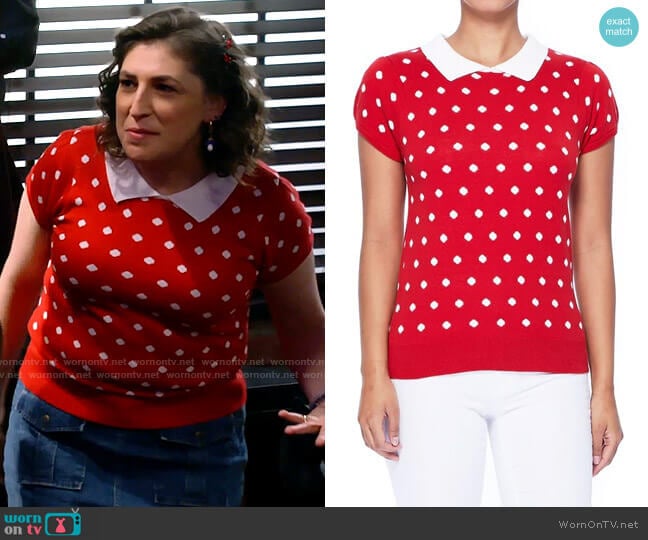 Varga Pretty In Polka Dot Collar Top in Red worn by Kat Silver (Mayim Bialik) on Call Me Kat