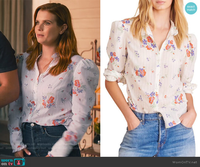 Veronica Beard Holli Floral Puff Shoulder Blouse worn by Maddie Townsend (JoAnna Garcia Swisher) on Sweet Magnolias