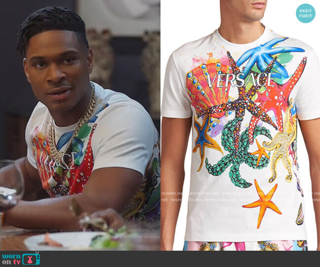 Versace Logo Tresor de la Mer Printed T-Shirt worn by Christian King (Ashlee Brian) on The Kings of Napa