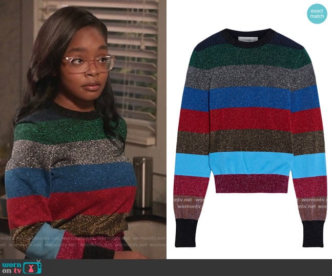 Victoria Beckham Metallic striped cotton-blend sweater worn by Diane Johnson (Marsai Martin) on Black-ish