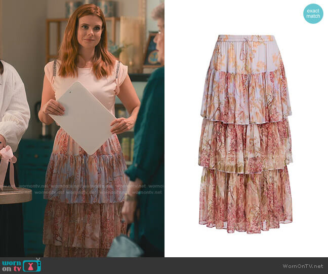 Zimmermann Botanica Tiered Floral-Print Silk-Crepon Midi Skirt worn by Maddie Townsend (JoAnna Garcia Swisher) on Sweet Magnolias