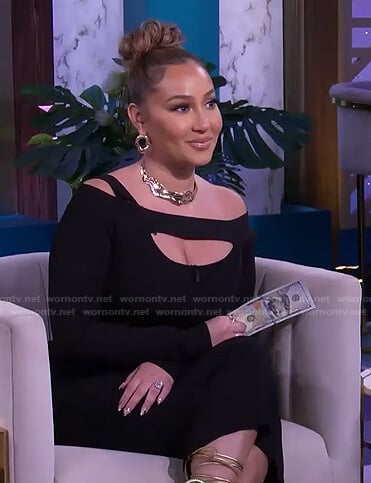 Adrienne’s black asymmetric cutout dress on The Real