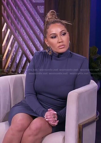 Adrienne’s blue ruched high neck dress on The Real