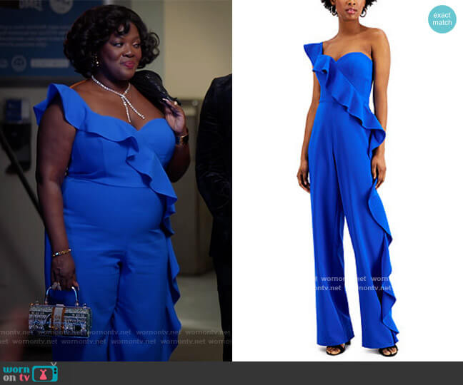 Aidan by Aidan Mattox Crepe Flounce Jumpsuit worn by Yvette King (Heather Alicia Simms) on The Kings of Napa