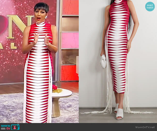 Alaia Fringed velour and stretch-knit turtleneck midi dress worn by Tamron Hall on Tamron Hall Show