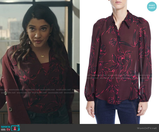 A.L.C. Lori Floral-Print Silk Long-Sleeve Top worn by Leela Devi (Anuja Joshi) on The Resident