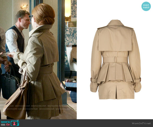 Alexander McQueen Peplum Belted Trench worn by Anna Delvey (Julia Garner) on Inventing Anna