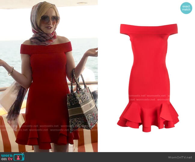 Alexander McQueen Ruffled Hem Off-shoulder Dress worn by Anna Delvey (Julia Garner) on Inventing Anna