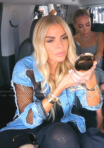 Alexia’s distressed denim jacket with mesh panels on The Real Housewives of Miami