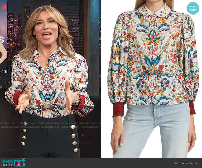 Alice + Olivia April Printed Embroidered Blouse worn by Kit Hoover on Access Hollywood