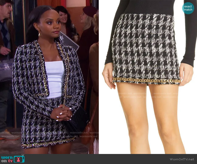 Alice + Olivia Elana Chain Detail Cotton Blend Tweed Skirt worn by Chanel Dupree (Raven Bowens) on Days of our Lives