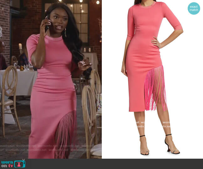 Alice + Olivia Keanna Asymmetrical Fringe Bodycon Dress worn by August King (Ebonee Noel) on The Kings of Napa