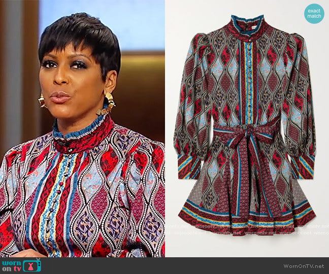 Alice + Olivia Mina belted printed cotton-blend mini dress worn by Tamron Hall on Tamron Hall Show