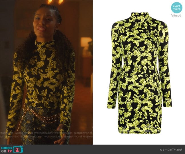 Alice + Olivia Delora Turtleneck Mini Dress worn by Zoey Johnson (Yara Shahidi) on Grown-ish