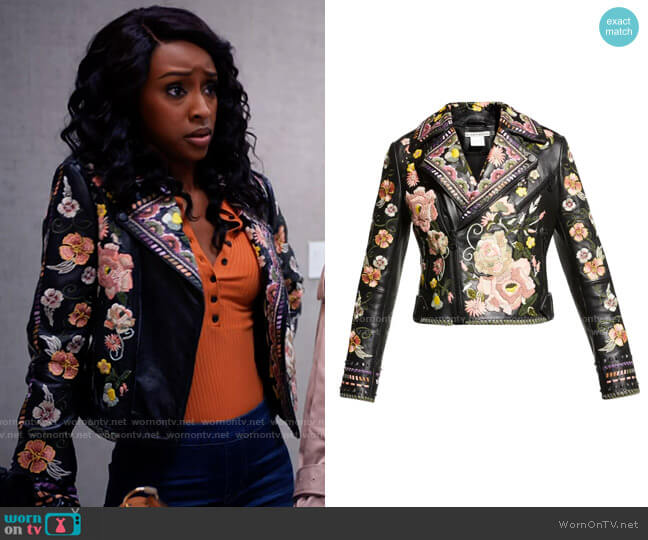 Alice + Olivia Cody Embroidered Leather Moto Jacket worn by Karen Mott (Ebony Obsidian) on Tyler Perrys Sistas
