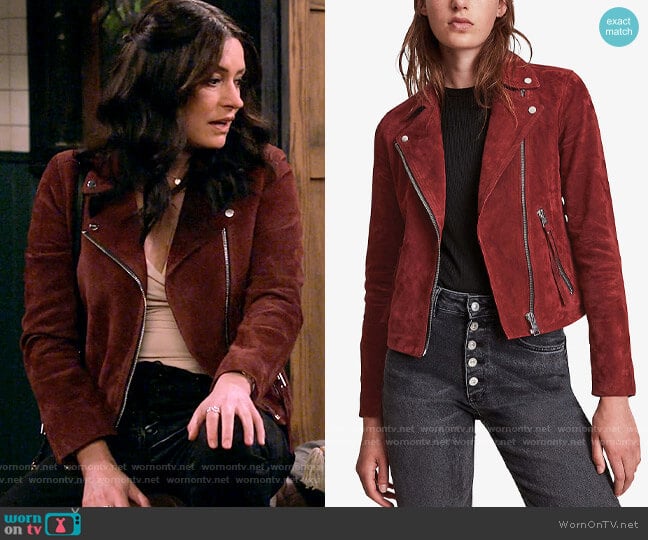 All Saints Dalby Suede Biker Jacket in Cherry Oak