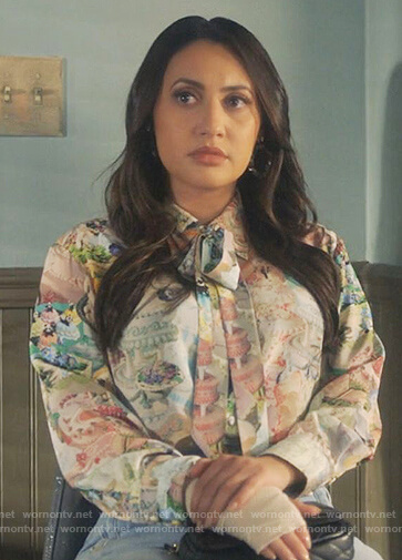 Ana’s cake print blouse on Grown-ish