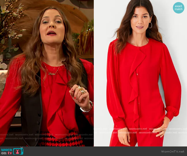 Ann Taylor Draped Mixed Media Blouse worn by Drew Barrymore on The Drew Barrymore Show
