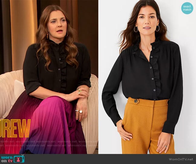 Ann Taylor Ruffle Button Top worn by Drew Barrymore on The Drew Barrymore Show
