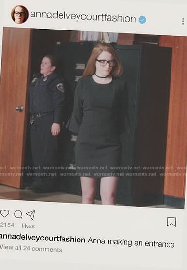 Anna’s black bell sleeve courtroom dress on Inventing Anna
