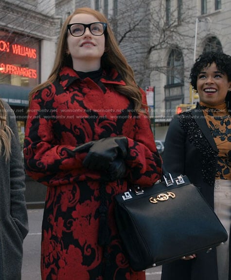 Anna’s black and red floral coat on Inventing Anna
