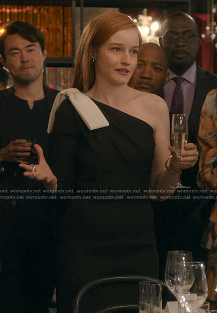 Anna’s black one-shoulder dress with bow on Inventing Anna