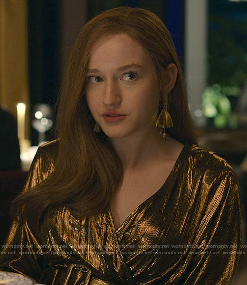 Anna’s gold belted midi dress at dinner in Morocco on Inventing Anna