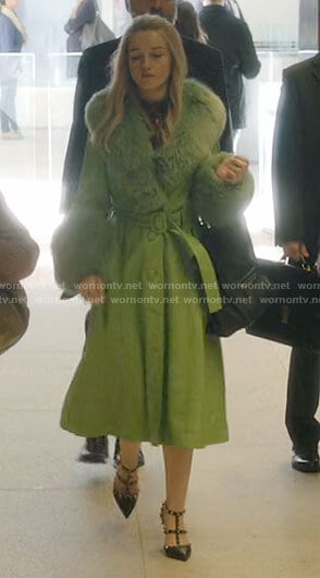 Anna’s green leather coat with fur collar on Inventing Anna