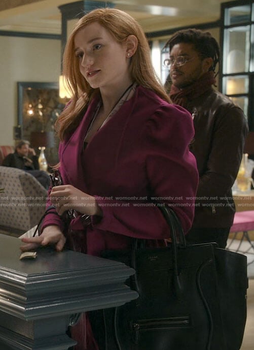 Anna’s magenta puff sleeve coat on Inventing Anna