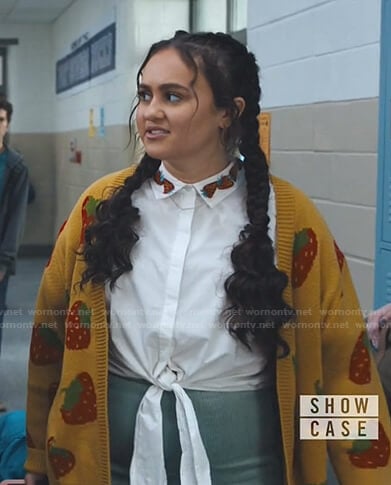Annabelle’s white strawberry collar shirt and cardigan on Naomi