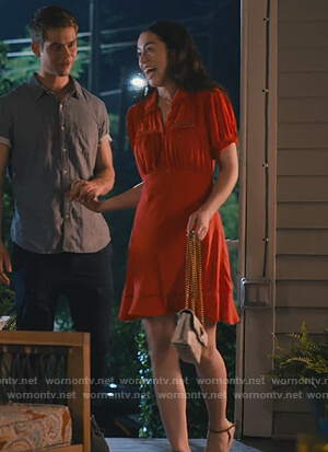 Annie’s red lace bib mini dress on Sweet Magnolias