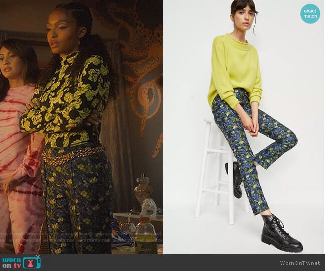 Anthropologie Bluebell Jacquard Pants worn by Zoey Johnson (Yara Shahidi) on Grown-ish
