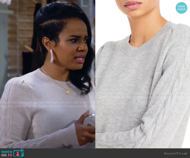 Aqua Cable Puff Sleeve Cashmere Sweater in Light Gray worn by Randi (Kyla Pratt) on Call Me Kat