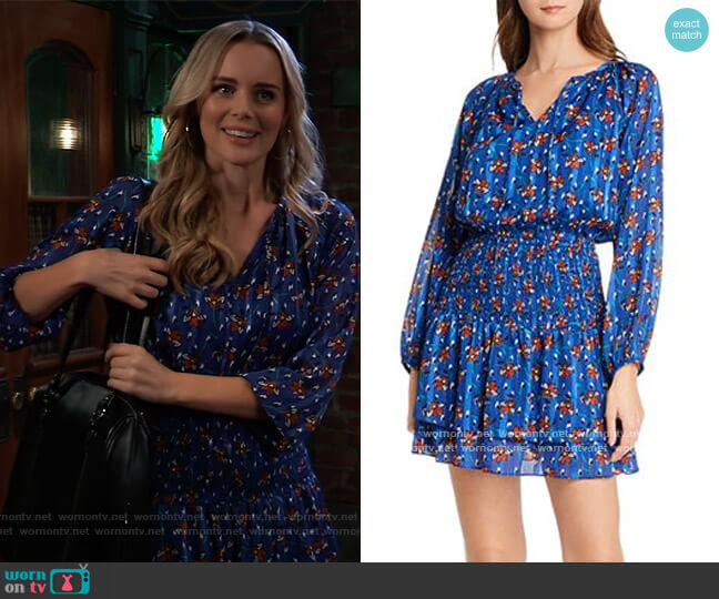 Aqua Smocked Floral Dot Dress worn by Sasha Gilmore (Helena Mattsson) on General Hospital