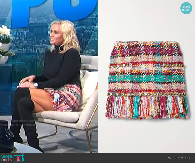 Area Embellished Fringed Checked Tweed Mini Skirt