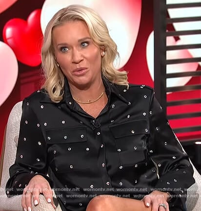 Caroline Bryan’s black embellished satin blouse on E! News Daily Pop