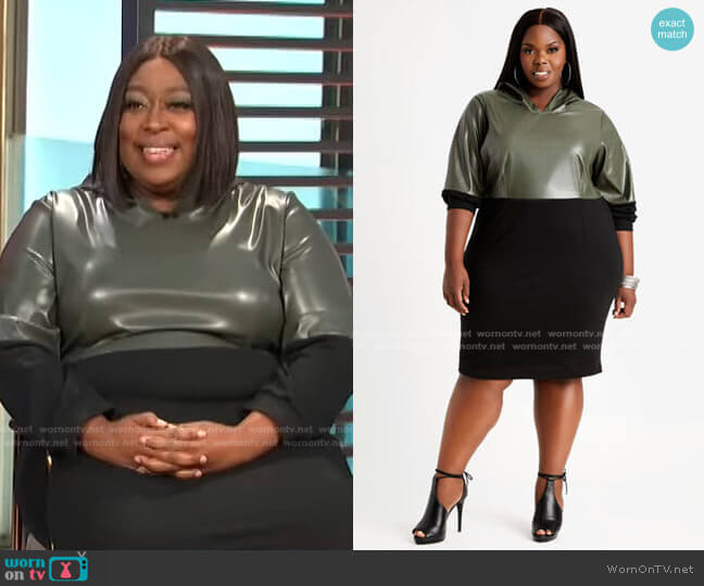 Ashley Stewart Colorblock Faux Leather Hoodie Dress worn by Loni Love on E! News