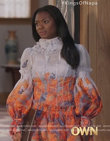 August’s floral print ruffled dress on The Kings of Napa