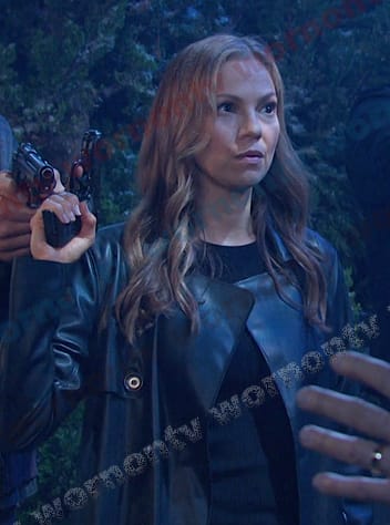 Ava’s black leather trench coat on Days of our Lives