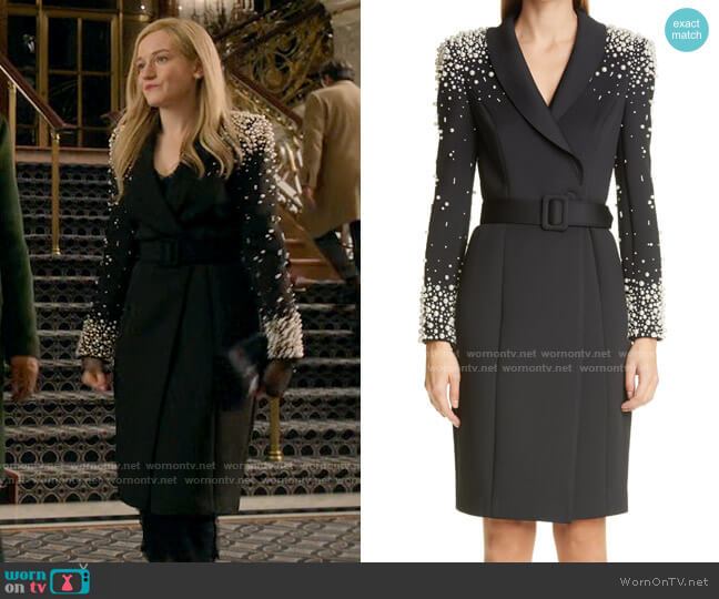 Badgley Mischka Imitation Pearl Embellished Long Sleeve Cocktail Coatdress worn by Anna Delvey (Julia Garner) on Inventing Anna